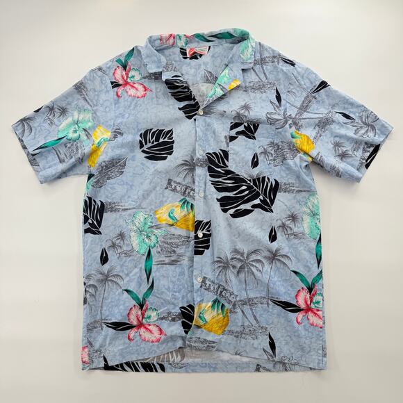 Malihini Hawaii Vintage Hawaiian Shirt Sz M Blue Floral Palm Tree Aloha Cotton - Picture 1 of 4